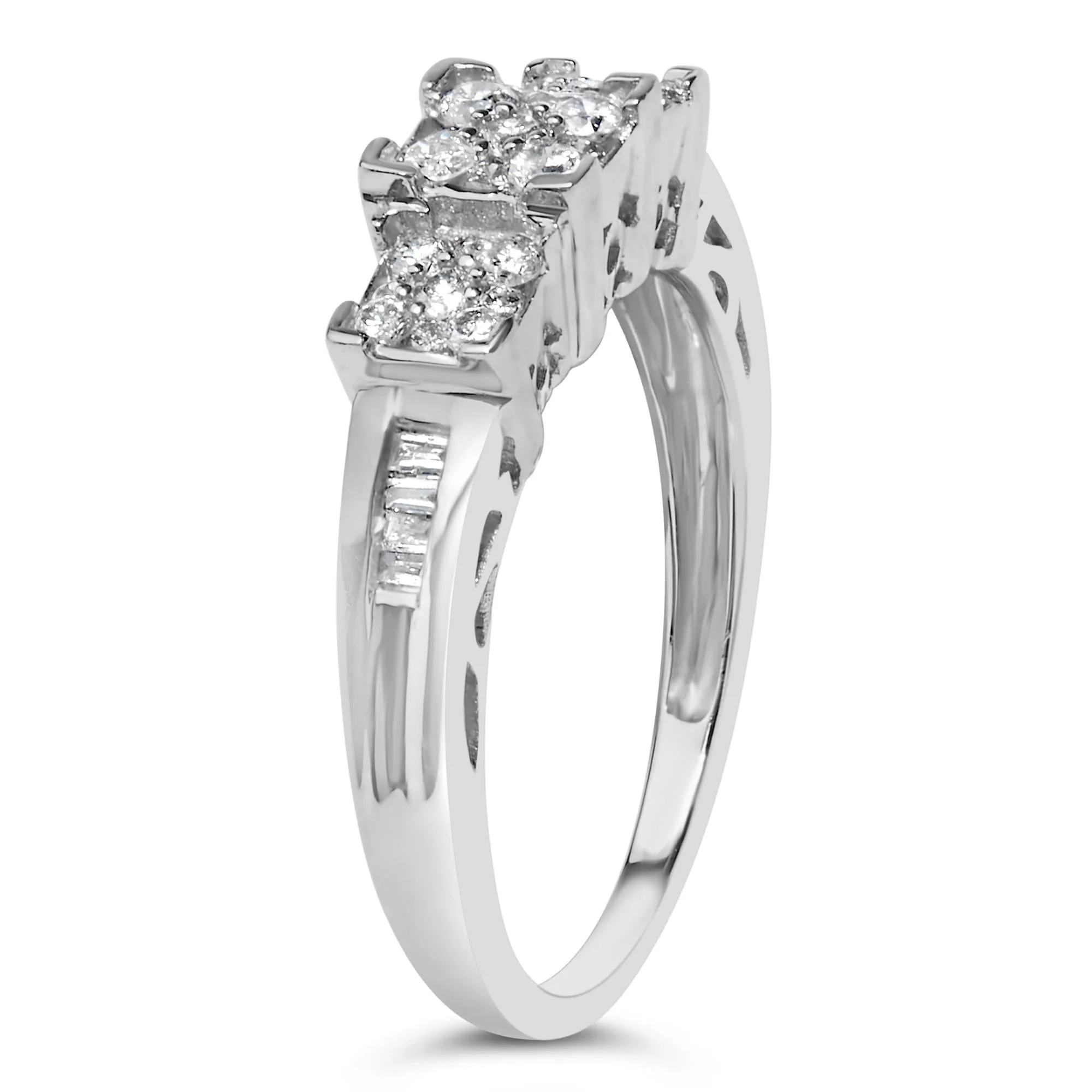 Powerful 10K White Gold 1 2 Cttw Brilliant Baguette Cut Diamond 3 Stone Design with 3 Square Clusters Engagement Ring H-I Color SI2-I1 Clarity Fine