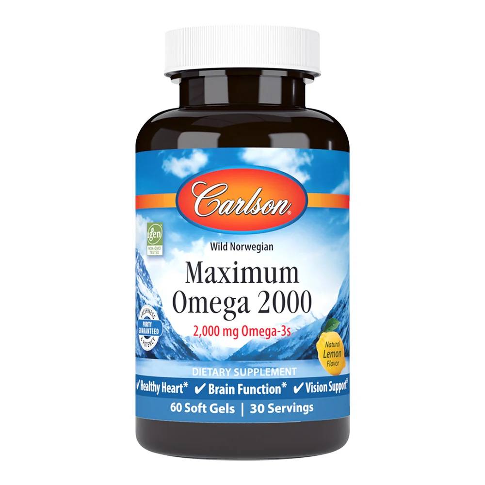 Carefully Designed Carlson Maximum Omega 2000 mg Omega 3s Softgels for Heart Brain and Vision Health Support Natural Lemon Flavor 60Ea Practical