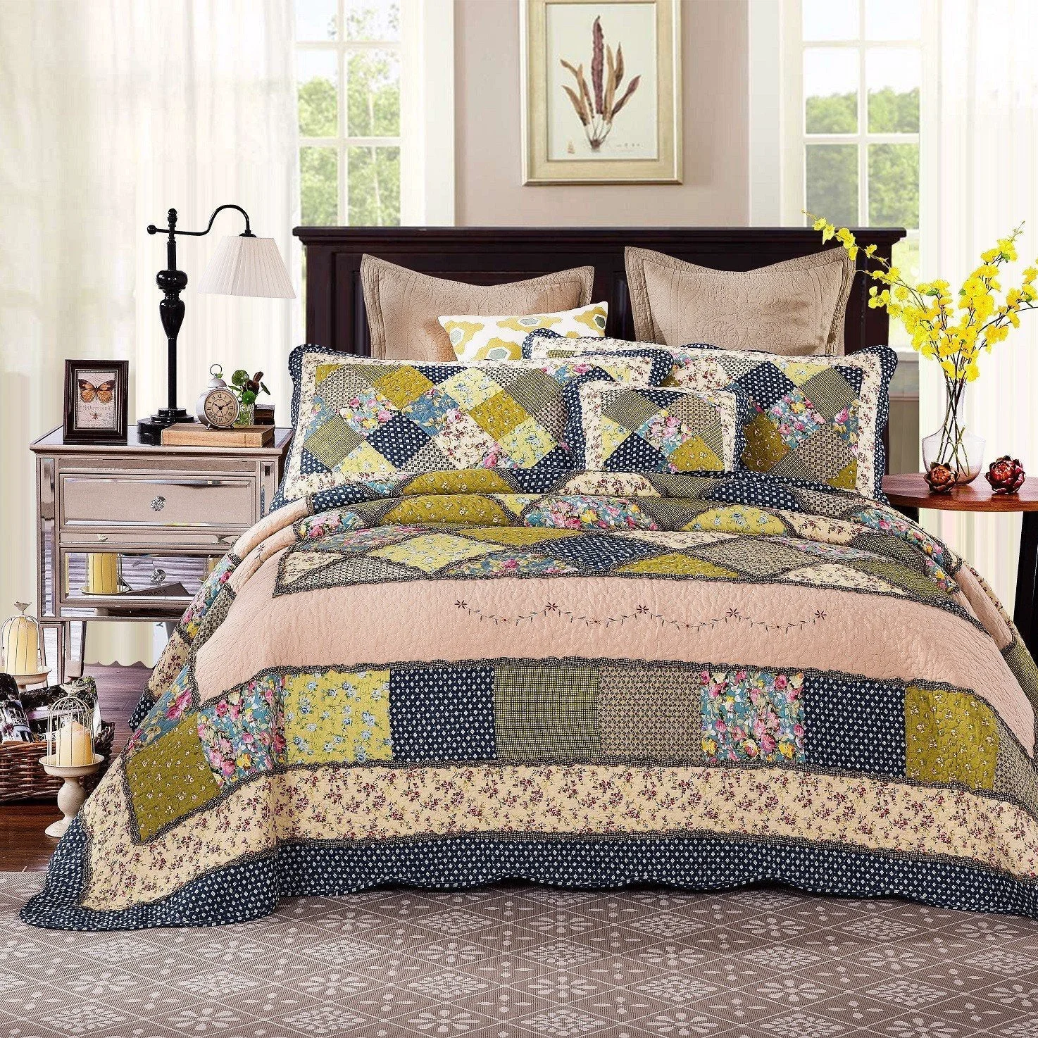 Advanced Tache Spring Shower Olive Green Navy Blue Floral Scalloped Cotton Patchwork Quilt Set DXJ10077 Exclusive