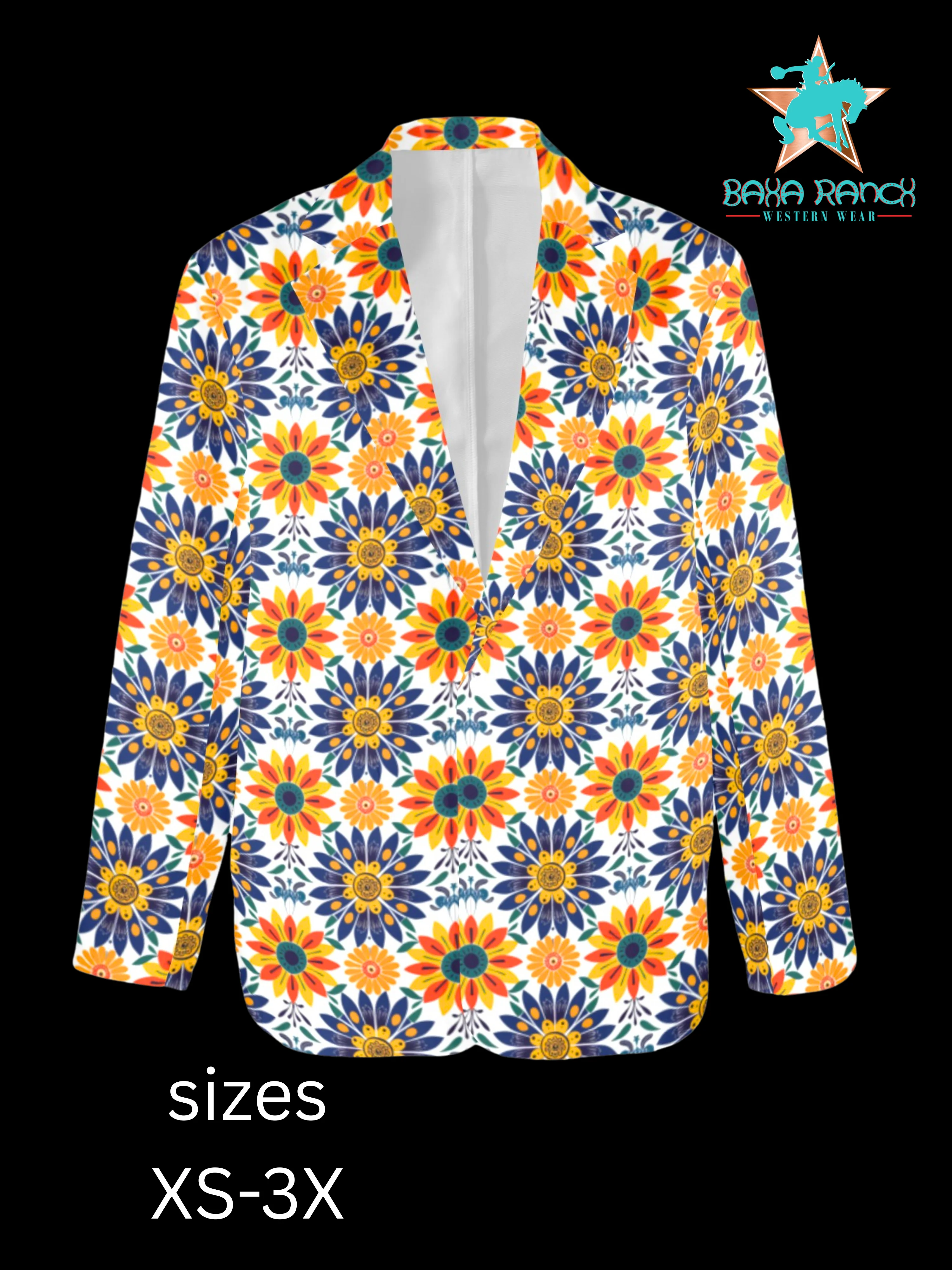 Verified Baha Ranch Colores de Mexico Blue Yellow Mexican Floral Blazer Unique