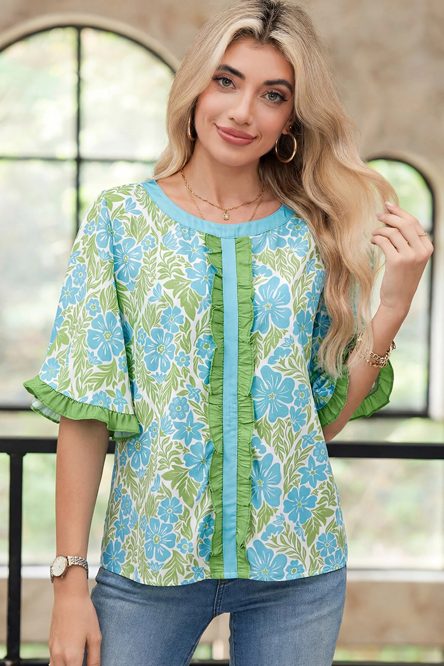 Clean Threaded Pear Waverly Trim Half Sleeve Blouse Smooth