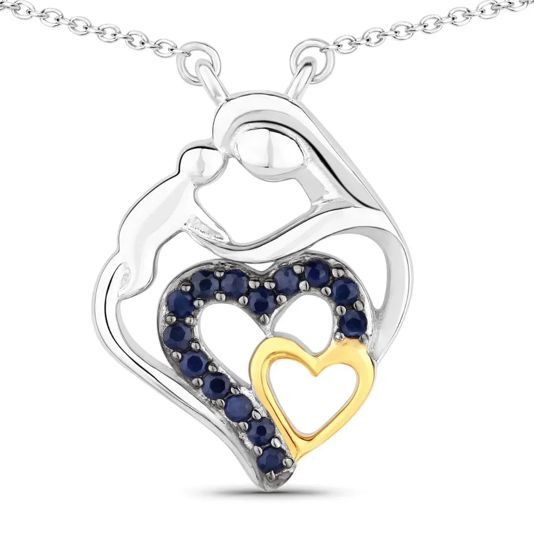 World-Class Round Blue Sapphire Prong Silver Double Heart Pendant Necklace Expertly Made