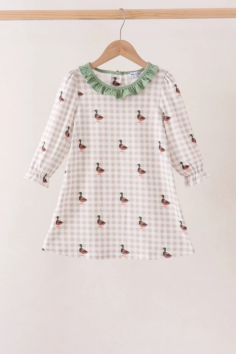 Superior Green Duck Embroidery Gingham Dress Soft