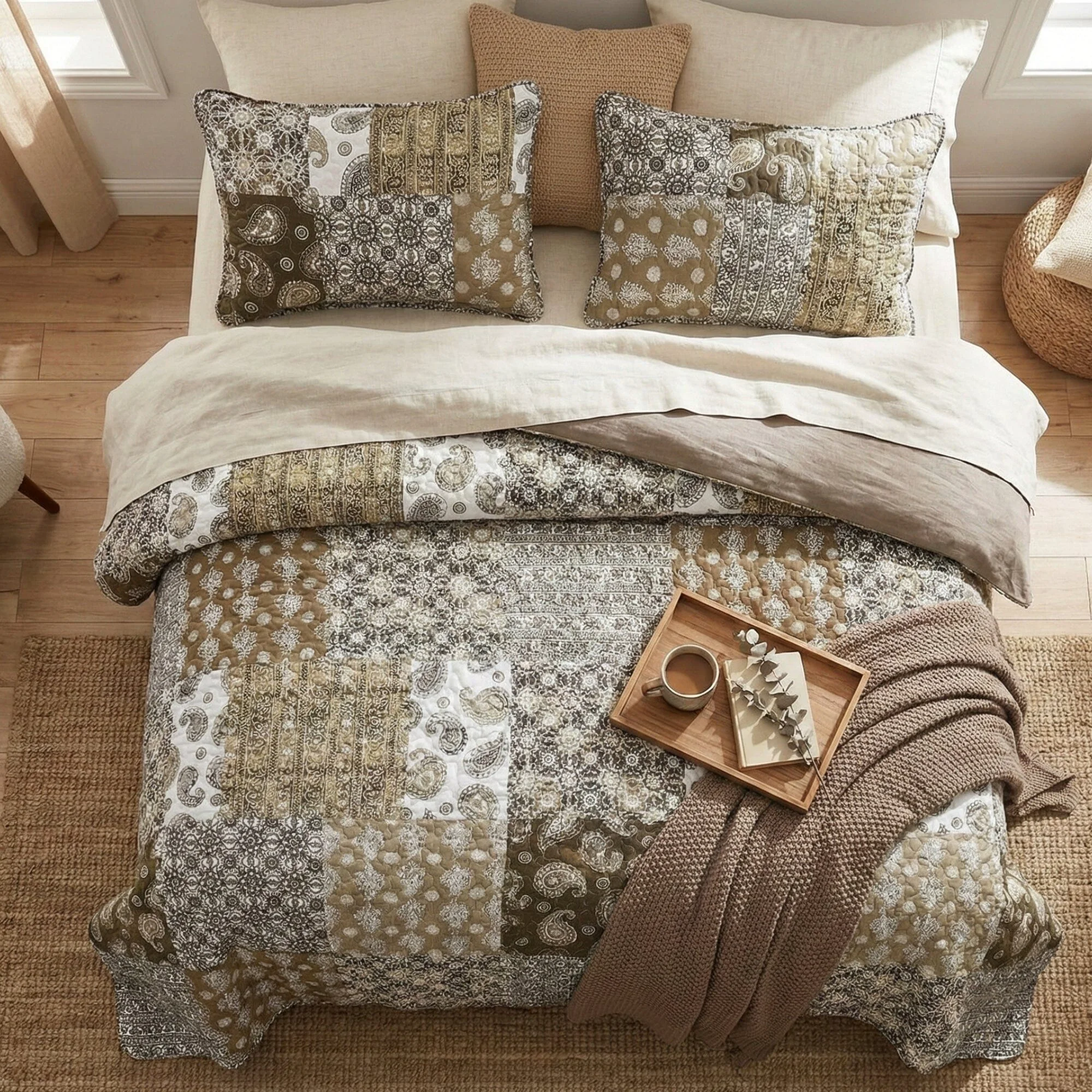 Lightweight DaDa Bedding Bohemian Olive Brown Moroccan Paisley Floral Filigree Patchwork Cotton Bedspread Set JHW-885 Expertly Made