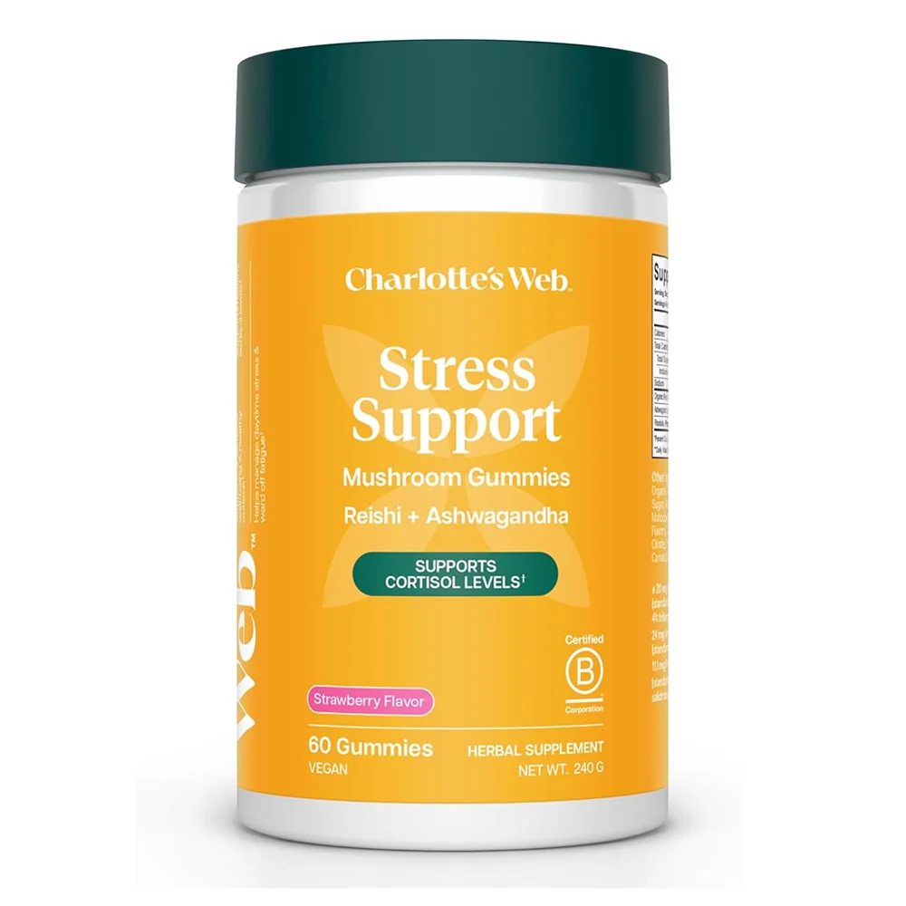 Comfortable Charlottes Web Stress Support Mushroom Gummies with Reishi and Ashwagandha Strawberry Flavored Supports Cortisol Levels 60Ea Exclusive