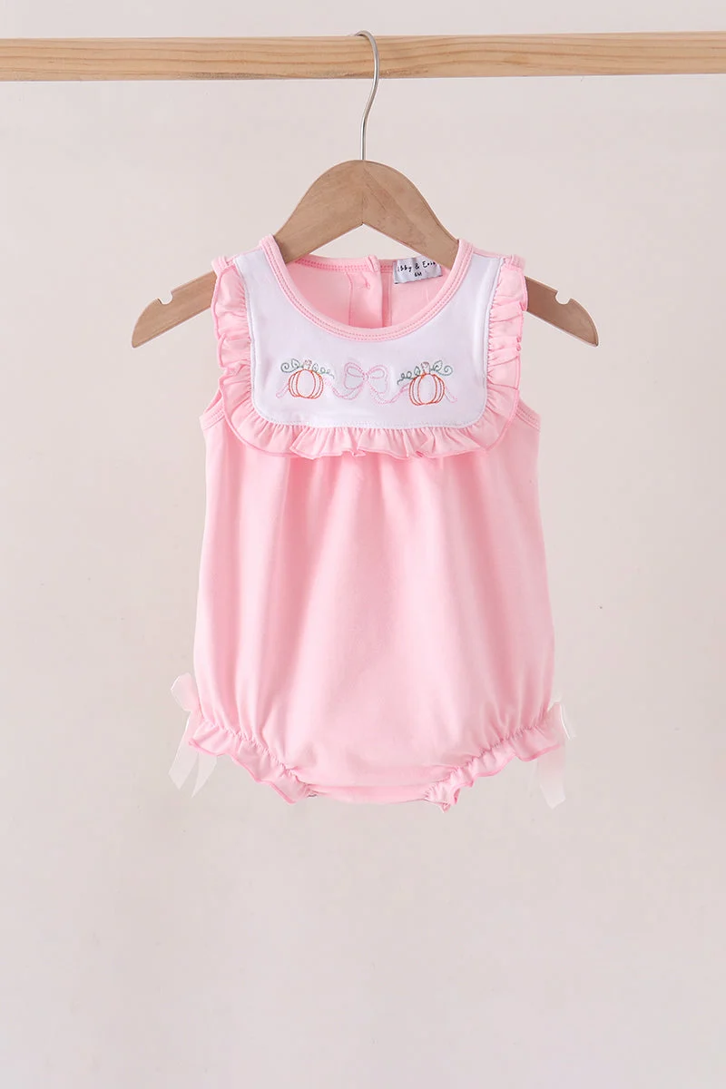 Pure Pink Pumpkin Bow Embroidery Ruffle Bubble Top-Quality
