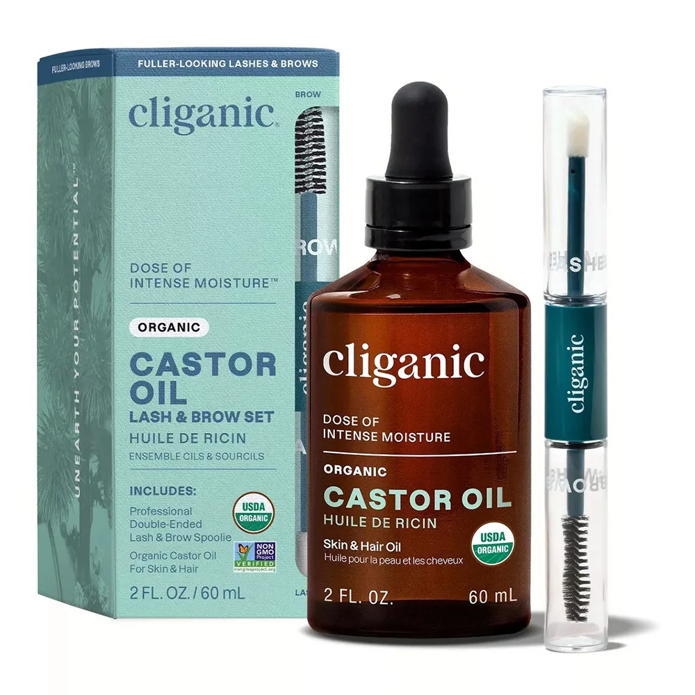 Unique Cliganic Organic Castor Oil Lash and Brow Set Skin and Hair Oil 2Oz 60ml Smooth