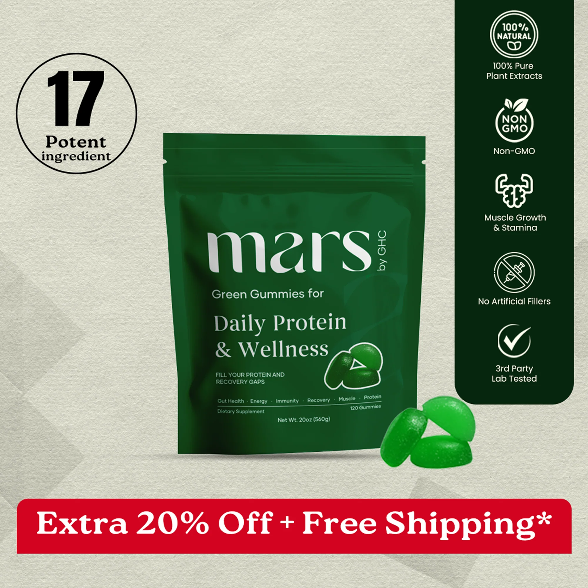 Artisan Mars Daily Pro Green Gummies - Low Sugar Pack of One Person Prestigious